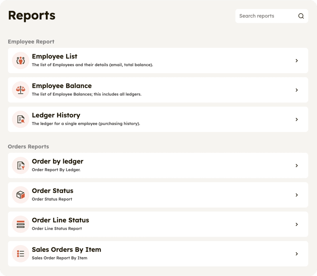 Vaca Reports screen listing employee and order reports such as Employee Balance and Order Line Status