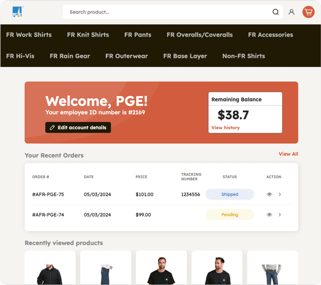 Vaca employee storefront with a personalized welcome banner, remaining balance, and recent orders list